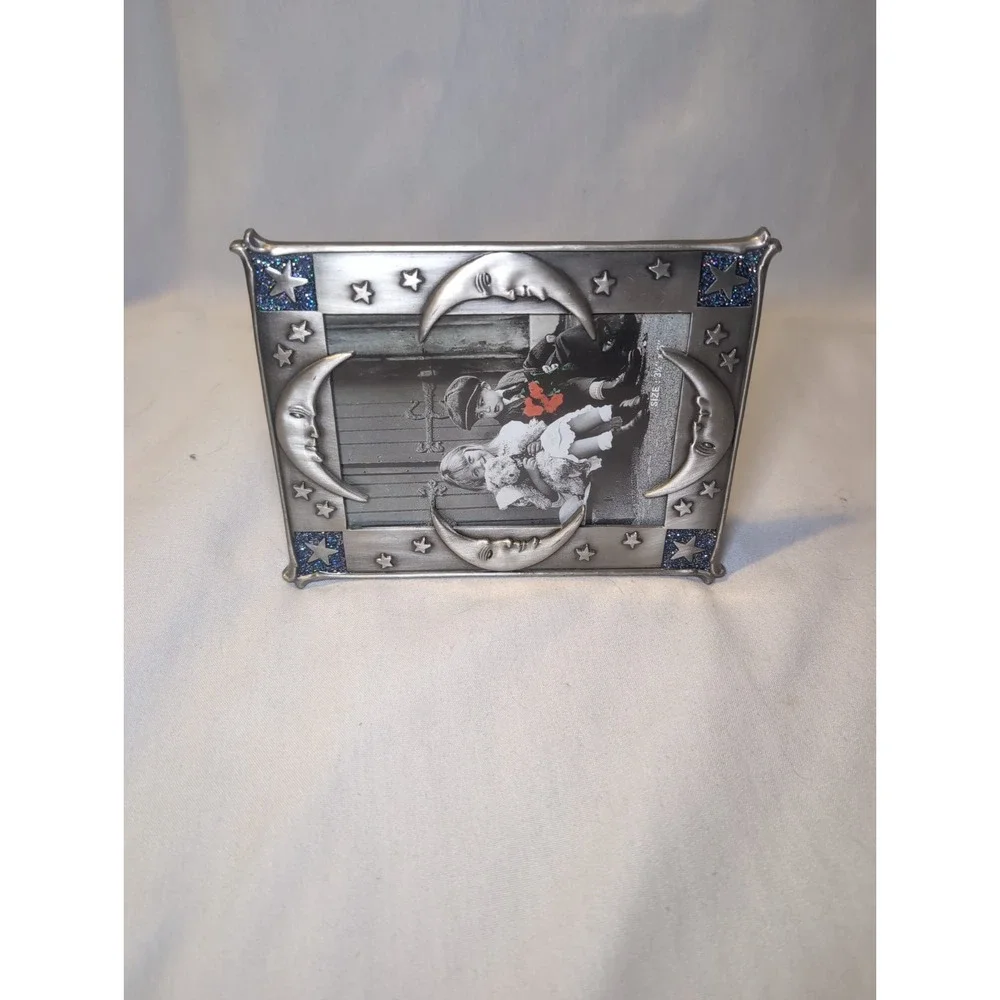Celestial Picture Frame Table Top Crescent Moons & Stars Pewter Tone 3.5x5